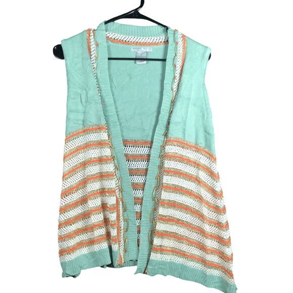 Alberto Makali Sweater Green Orange Cardigan Open Front Striped Sleeveless Small - Picture 1 of 11